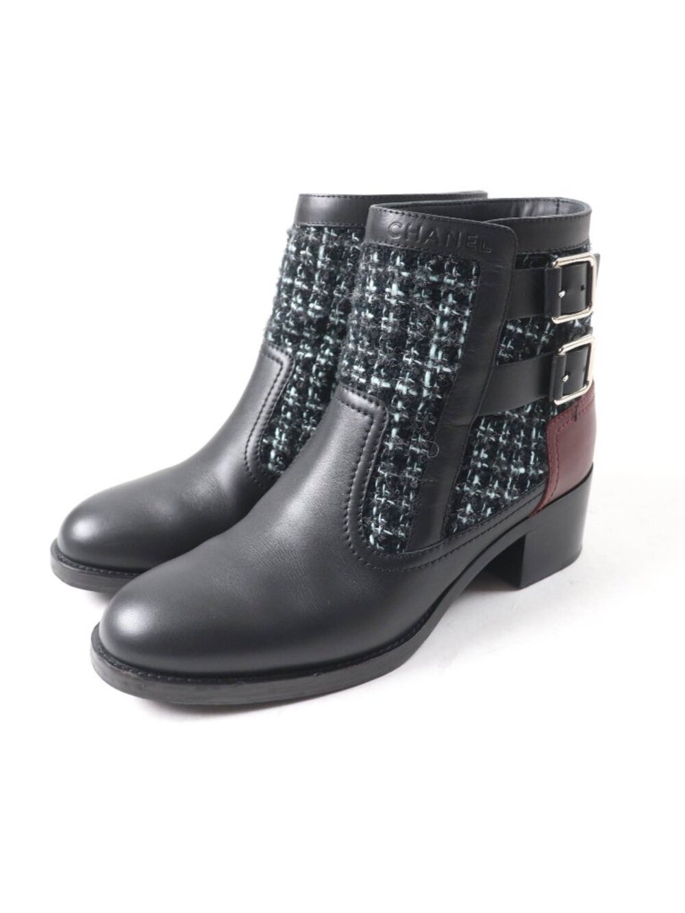 Chanel 22B Belt Design with Logo Leather Tweed Ankle Boots Black Light Blue